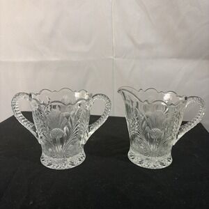 Mosser Glass Clear Inverted Thistle Creamer and Open Sugar Bowl Set Marked "M"